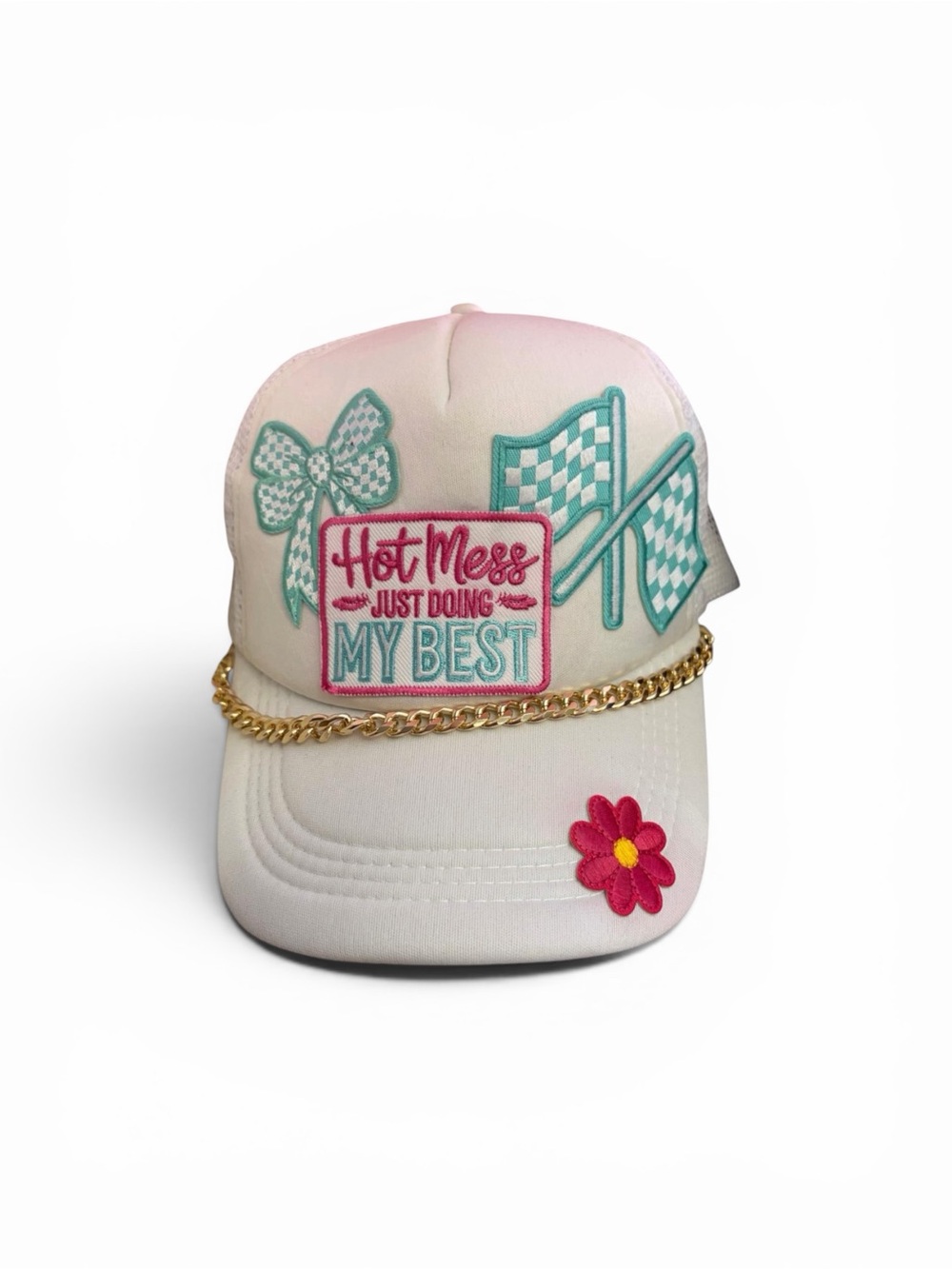White 'Hot Mess Just Doing My Best' Embroidered Cap with Pink & Teal Accents
